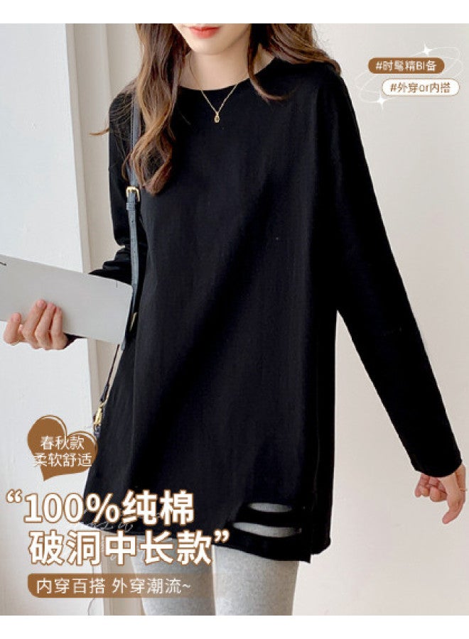 LANG SHA Hem Distressed Long Sleeve T-Shirt Women'S Solid Color Mid-Length Versatile Top - Image 1