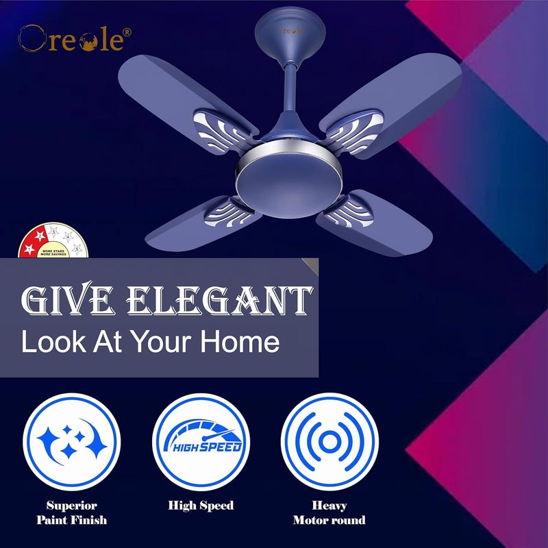 Oreole Oreole Lexus 600mm High Speed Ceiling Fan 4 Blades 24 Inch 800 RPM Air Flow Ceiling Fan suitable for Kitchen Veranda Balcony Small Room 2 Year Warranty Silver Blue  - Image 2
