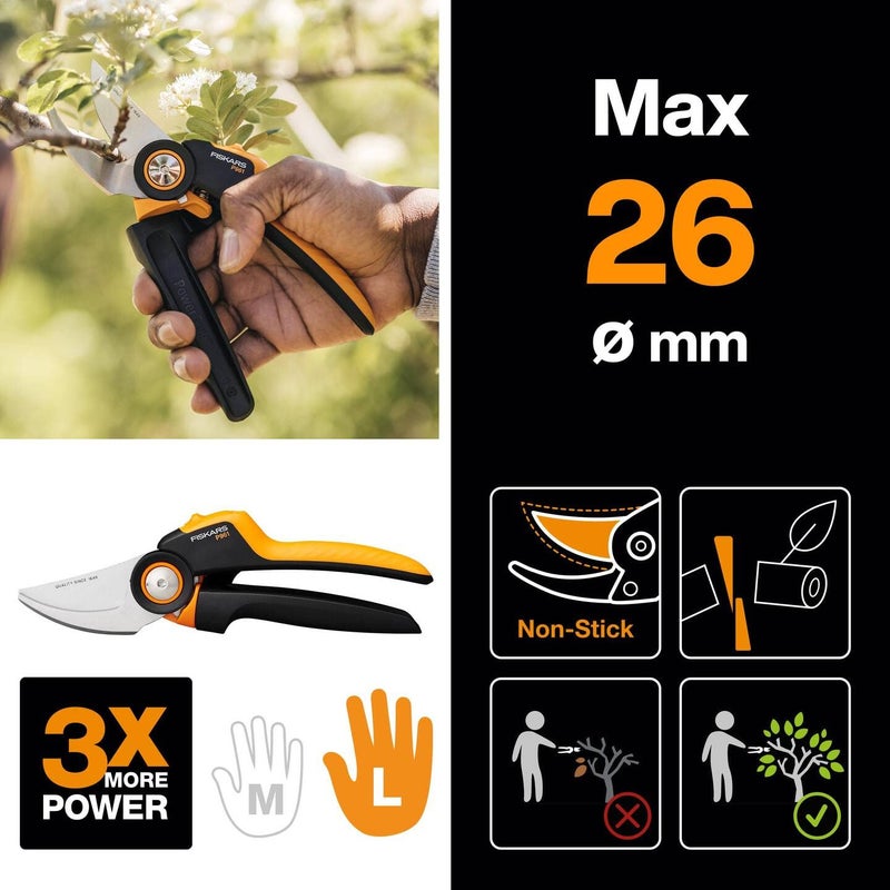 Fiskars Bypass Garden Pruners L, X-series PowerGear, P961, With rolling handle, For fresh branches and twigs, Non-stick coated, Stainless steel blades, Length: 22.2 cm, Black/Orange, 1057175 - Image 2