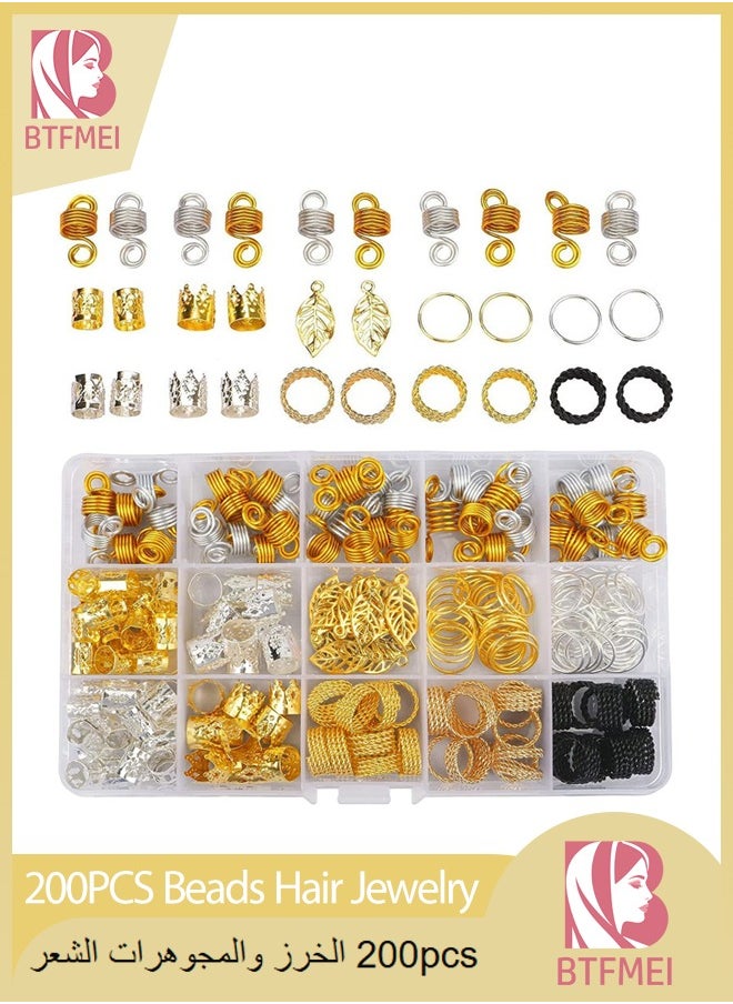 BTFMEI 200PCS Beads Hair Jewelry for Women Braid, Metal Braid Gold Ring Cuff Clips Accessories, DIY Braid Jewelry Name Bracelets Making and Crafts, Ring Cuffs Clips with Pendants for Hair Decorations  - Image 1