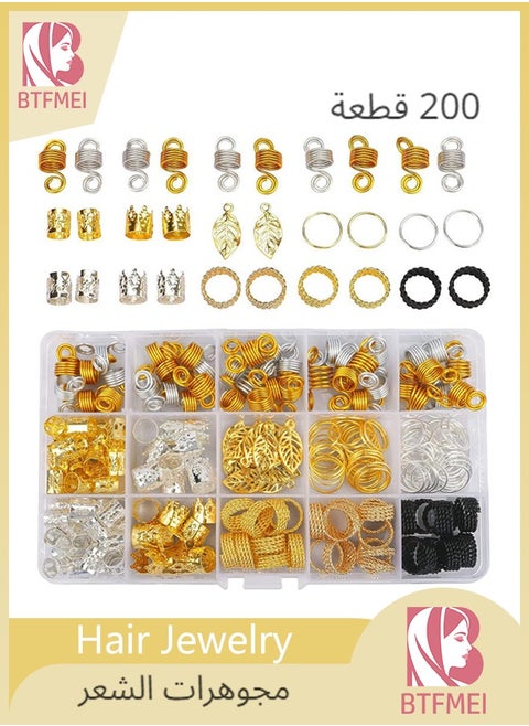 200PCS Beads Hair Jewelry for Women Braid, Metal Braid Gold Ring Cuff Clips Accessories, DIY Braid Jewelry Name Bracelets Making and Crafts, Ring Cuffs Clips with Pendants for Hair Decorations