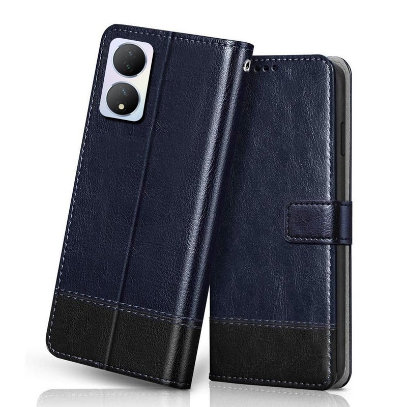 Windmill Premium Vegan Leather Dual Flip Mobile Cover Case|Kickstand & Card Holder|360 Degree Grip Protection| Wallet Type with Magnetic Closure for Vivo Y100-(Blue with Black) - Image 1