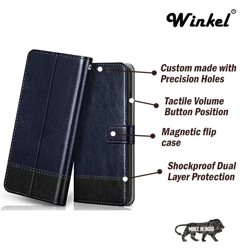 Windmill Premium Vegan Leather Dual Flip Mobile Cover Case|Kickstand & Card Holder|360 Degree Grip Protection| Wallet Type with Magnetic Closure for Vivo Y100-(Blue with Black) - Image 3