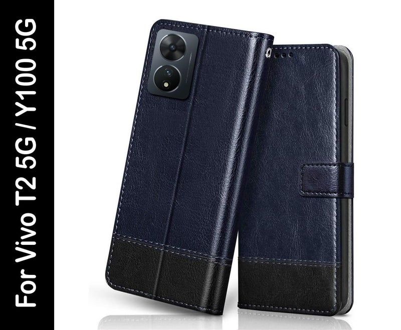 Windmill Premium Vegan Leather Dual Flip Mobile Cover Case|Kickstand & Card Holder|360 Degree Grip Protection| Wallet Type with Magnetic Closure for Vivo Y100-(Blue with Black) - Image 2