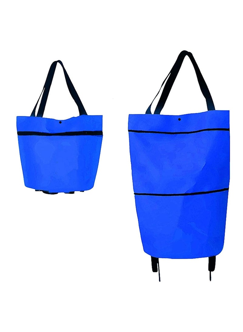 Amber Home Foldable Trolley Rolling Bag with Wheels Collapsible Shopping Cart Reusable Grocery Bag Travel Bag Blue - Image 1