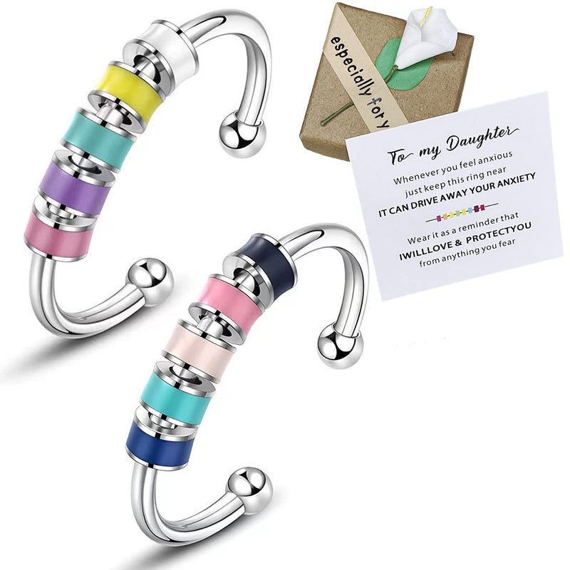 Skyfun 2 Pcs Anxiety Ring Set To My Daughter Colorful Beads Spinner Adjustable Fidgetjewelry Gift For Daughter Stainless Steel Anxiety Ring For Daughter With Box And Card Valentine'S Day Gifts - Image 1