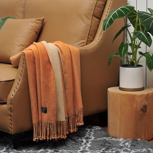 EP Mode Reversible Fringed Mulberry Silk Throw Blanket for Sofa (Caramel/Beige) - Image 4