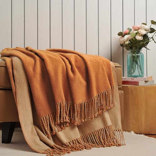 EP Mode Reversible Fringed Mulberry Silk Throw Blanket for Sofa (Caramel/Beige) - Image 3