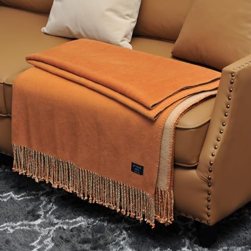 EP Mode Reversible Fringed Mulberry Silk Throw Blanket for Sofa (Caramel/Beige) - Image 1