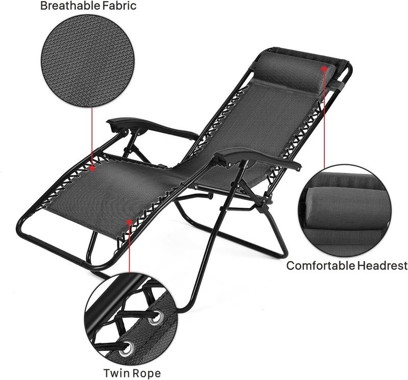 Flexzion Zero Gravity Chair - Anti Gravity Outdoor Lounge Patio Folding Reclining Chair and Textilene Seat with Footrest & Adjustable Pillow for Yard, Beach, Camping, Garden, Pool, Lawn Deck (Black) - Image 4