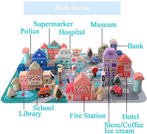 umbresen 115 Pcs Wooden City Building Blocks Set Colorful Stacking Preschool Educational Toys for Toddlers Boys Girls Gifts with 20 Pcs Floor Jigsaw Puzzle and Storage Bag City Building Toy Set - Image 5