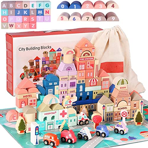 umbresen 115 Pcs Wooden City Building Blocks Set Colorful Stacking Preschool Educational Toys for Toddlers Boys Girls Gifts with 20 Pcs Floor Jigsaw Puzzle and Storage Bag City Building Toy Set - Image 1