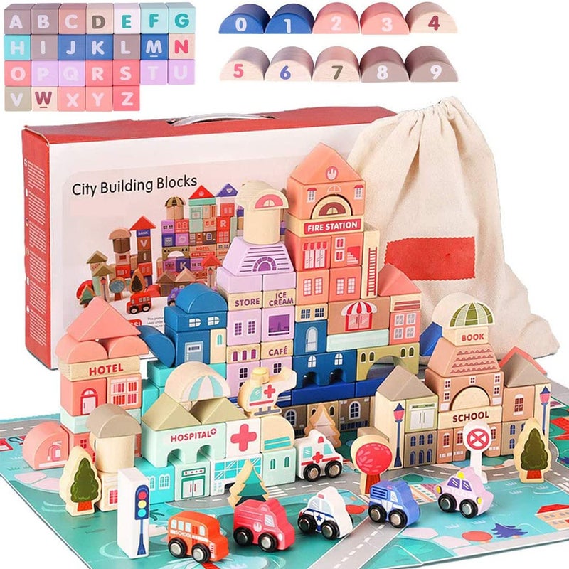 umbresen 115 Pcs Wooden City Building Blocks Set Colorful Stacking Preschool Educational Toys for Toddlers Boys Girls Gifts with 20 Pcs Floor Jigsaw Puzzle and Storage Bag City Building Toy Set - Image 3