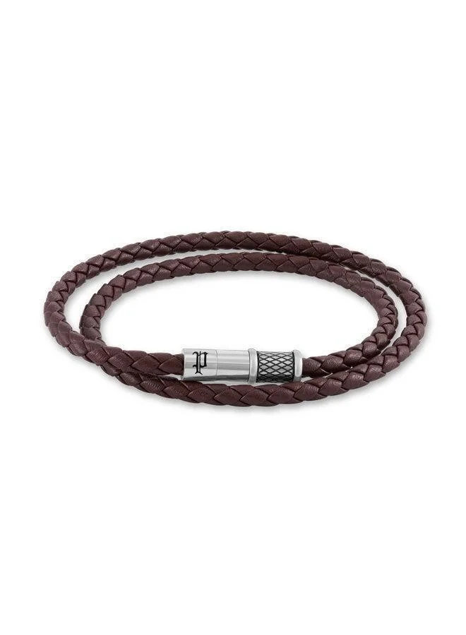 POLICE Echoloop Brown Braided Leather Bracelet for Men