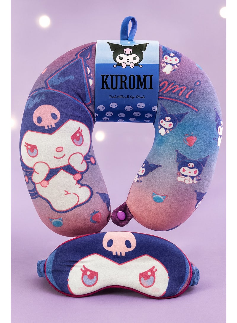 kuromi طقم وسادة عنق وقناع عين كيرومي للسفر – وسادة على شكل حرف U ناعمة مع قناع نوم متطابق للأطفال والبالغين | هدايا ملحقات السفر المريحة | مقاس واحد - Image 3
