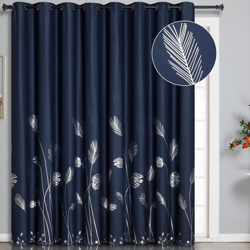 Estelar Textiler Silver Blackout Curtain for Bedroom 100W x 84L Inch Elegant Silver Palm Tree Curtain Thermal Insulated Window Drape for Sliding Door 83ft Wide x7ft Long Navy Blue 1 Panel