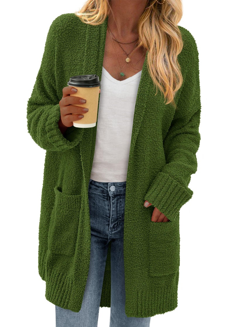 KIRUNDO Cardigan Sweaters for Women 2026 Fall Chunky Fuzzy Knit Open Front Loose Long Sleeve Sweater Coats Winter Clothing(Army Green, Small) - Image 1