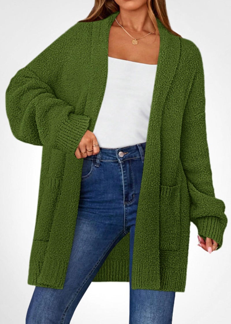 KIRUNDO Cardigan Sweaters for Women 2026 Fall Chunky Fuzzy Knit Open Front Loose Long Sleeve Sweater Coats Winter Clothing(Army Green, Small) - Image 3