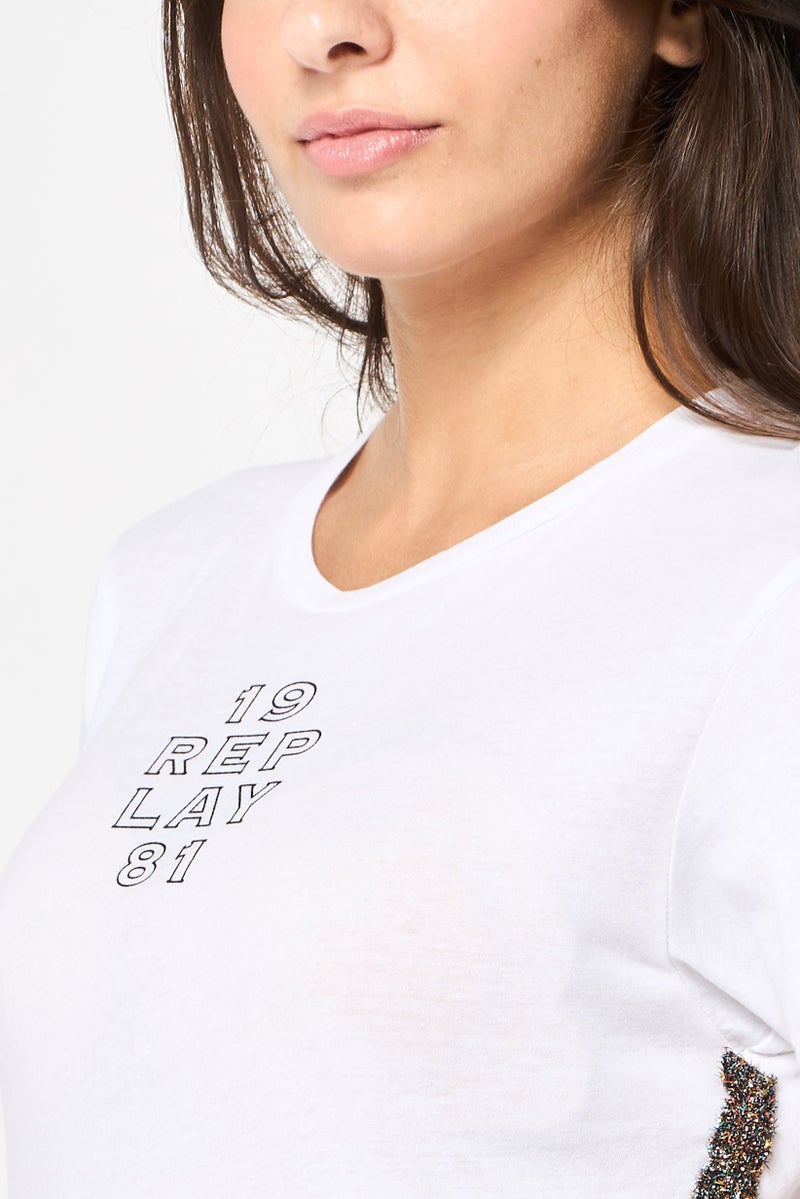 Replay Women Crew Neck Short Sleeve Graphic Print Top, White - Image 3