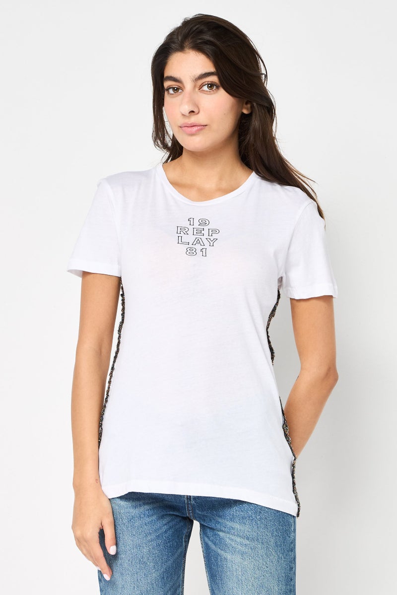 Replay Women Crew Neck Short Sleeve Graphic Print Top, White - Image 1