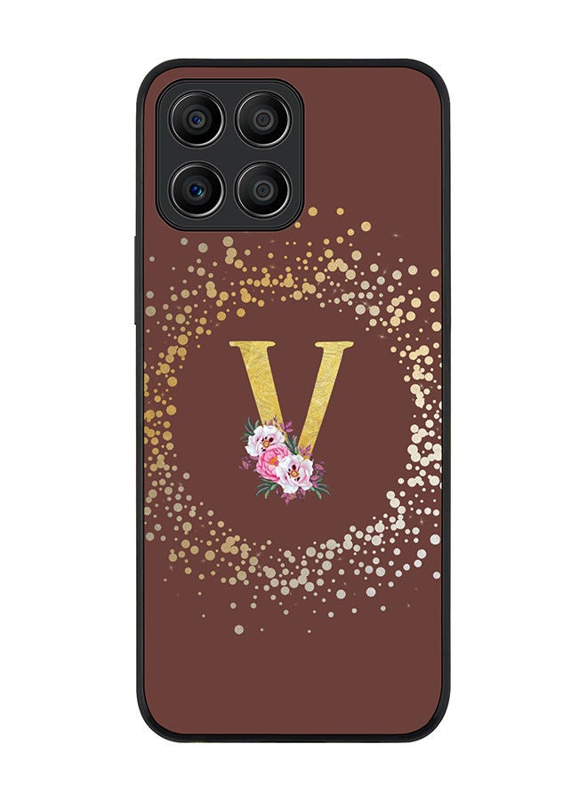 Stylizedd Rugged Black edge case for Honor X8 5G Slim fit Soft Case Flexible Rubber Edges TPU Gel Thin Cover - Custom Monogram Initial Letter Floral Pattern Alphabet - V (Brown) - Image 1