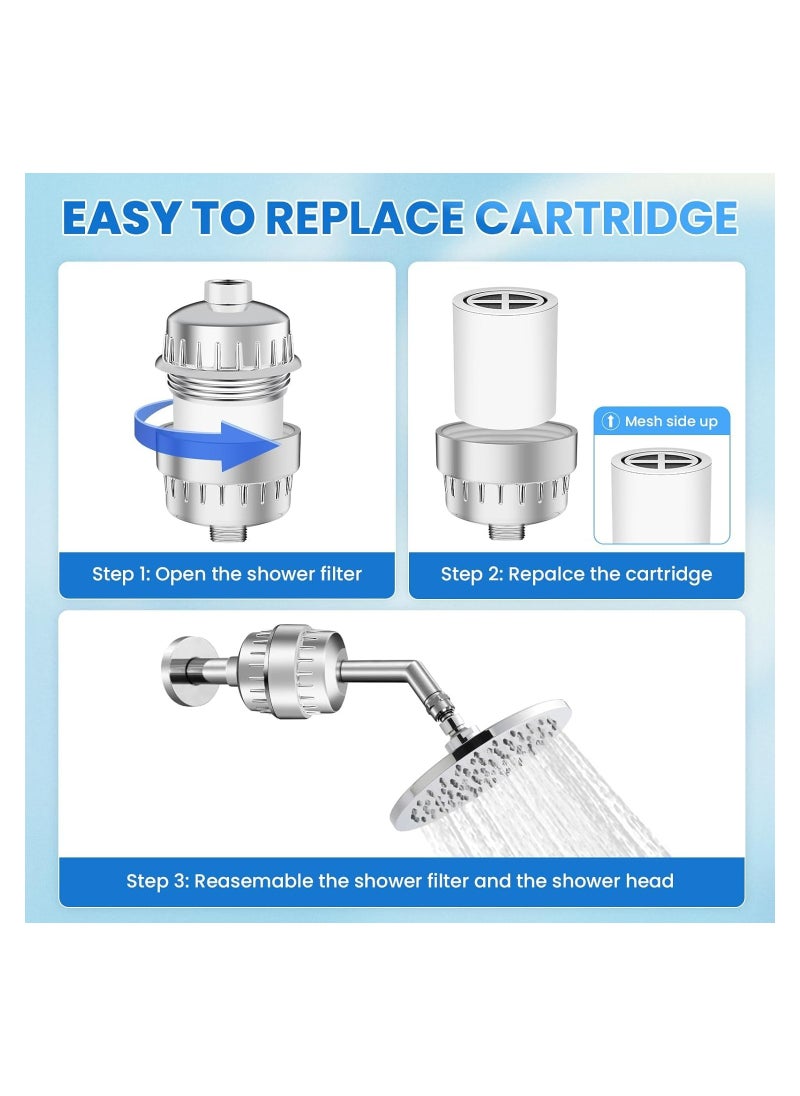 Shower Filter,20 Stage Shower Filter, Shower Filter for Hard Water - High Output Shower Water Filter to Remove Chlorine Fluoride Heavy Metals, with 2 Replaceable Filter Cartridges(Silver)