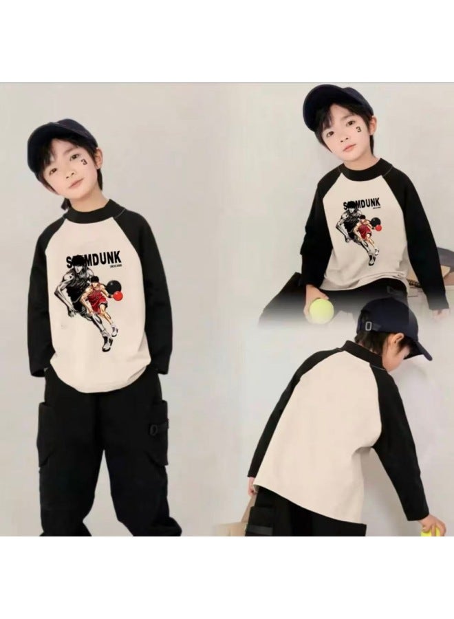 Boys' Autumn And Winter New Thermal Base Shirt, New Color-blocking Versatile Trendy Long-sleeve T-shirt For Older Children - Image 1