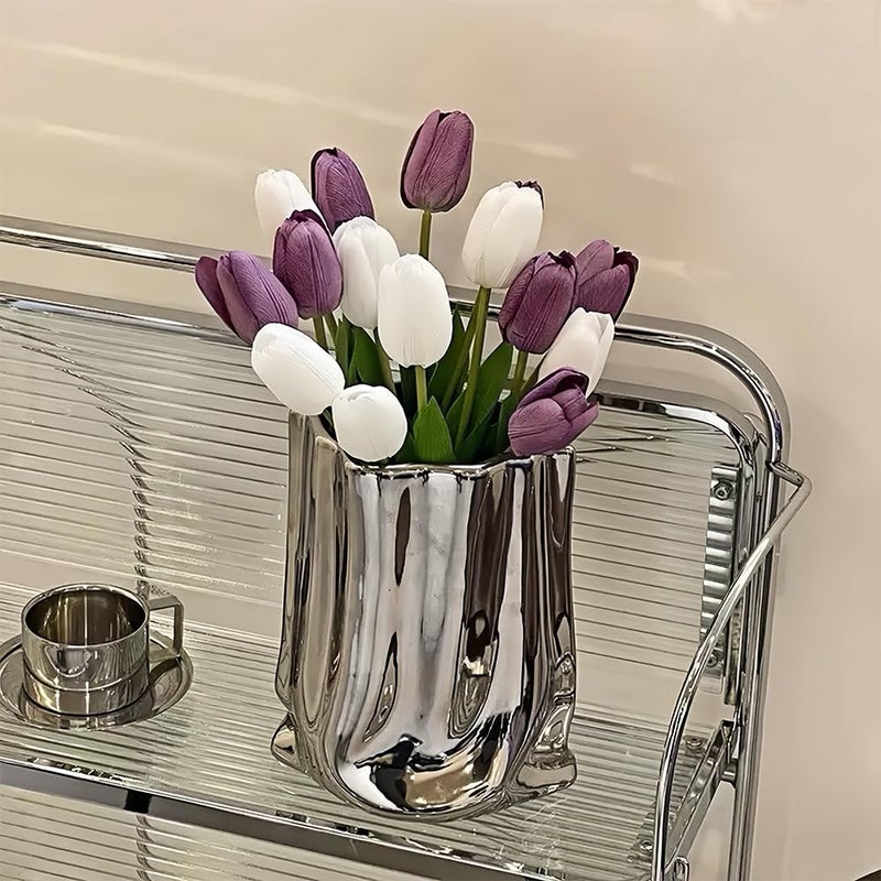 KatoonX Ceramic Flower Vase, Crinkle Paper Bag Shape, Silver Metal, Modern Home Decor (X-Large) - Image 3
