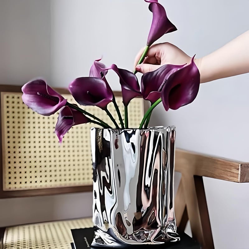 KatoonX Ceramic Flower Vase, Crinkle Paper Bag Shape, Silver Metal, Modern Home Decor (X-Large) - Image 1