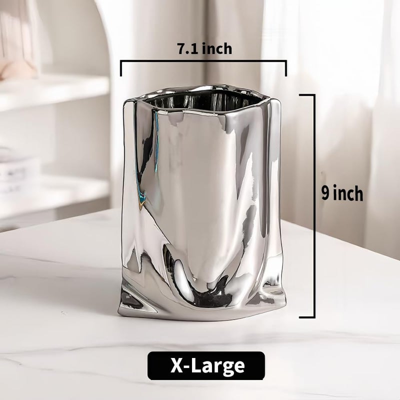 KatoonX Ceramic Flower Vase, Crinkle Paper Bag Shape, Silver Metal, Modern Home Decor (X-Large) - Image 5