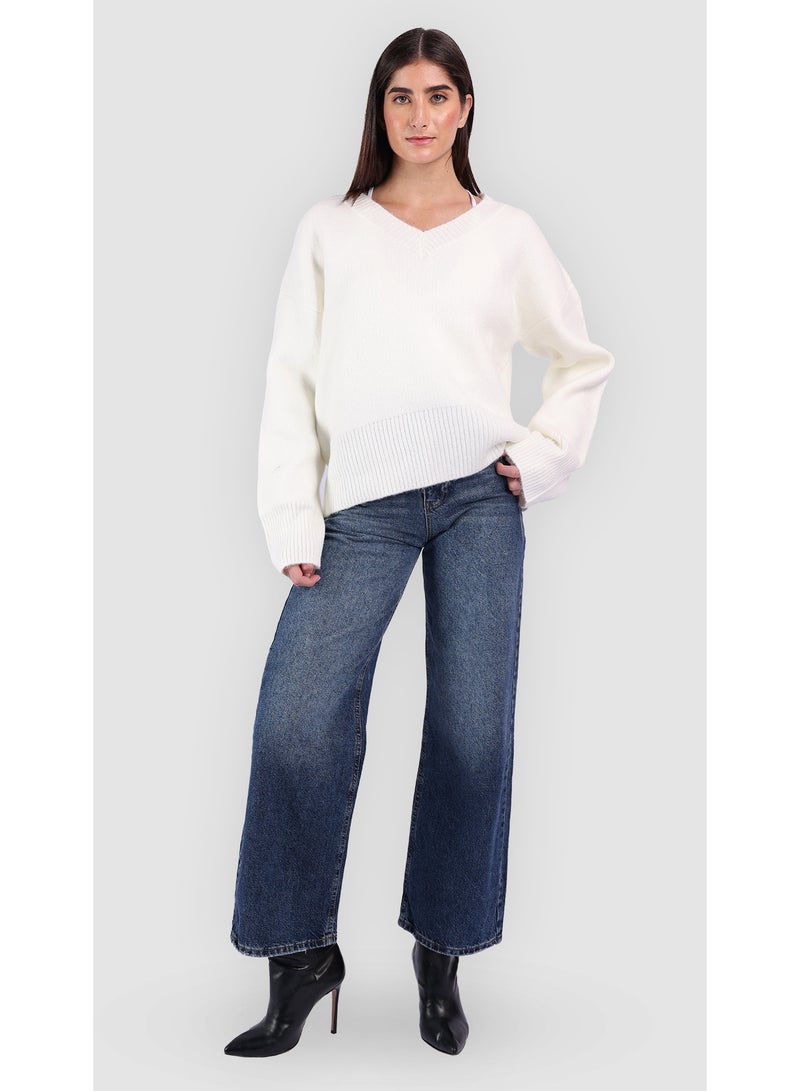 كيفيلي كنزة نسائية صوفية مريحة بياقة على شكل V- أبيض - Image 1