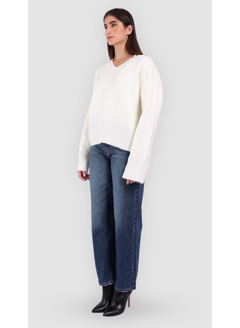 كيفيلي كنزة نسائية صوفية مريحة بياقة على شكل V- أبيض - Image 3