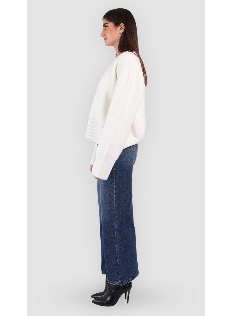 كيفيلي كنزة نسائية صوفية مريحة بياقة على شكل V- أبيض - Image 4