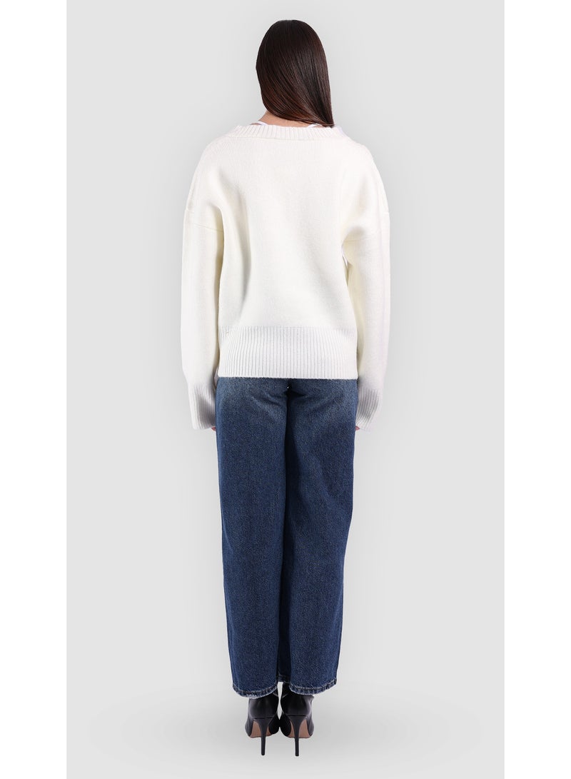 كيفيلي كنزة نسائية صوفية مريحة بياقة على شكل V- أبيض - Image 5