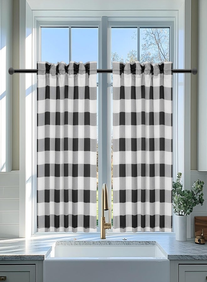 Simple Deluxe 2 PCS Buffalo Check Kitchen Tier Curtains, Plaid Gingham Short Curtain for Half Cafe Windows, 26" W x 30" L, Black&White, New - Image 1