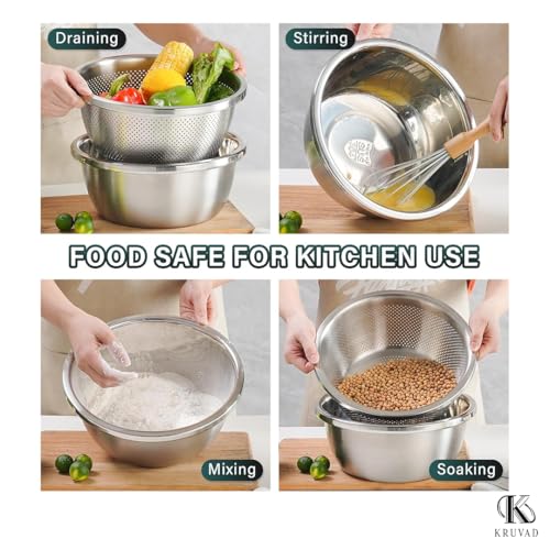 Kruvad Stainless Steel Colander with Bowl Set of 2 Kitchen Strainer, Washer Drainer Basket Microporous Colander Capacity with Mixing Bowl Food Prep Save Space Kitchen Vegetable Grater Basket - Image 3