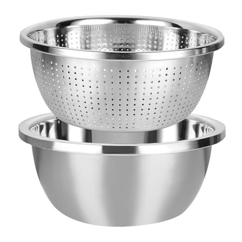 Kruvad Stainless Steel Colander with Bowl Set of 2 Kitchen Strainer, Washer Drainer Basket Microporous Colander Capacity with Mixing Bowl Food Prep Save Space Kitchen Vegetable Grater Basket - Image 1