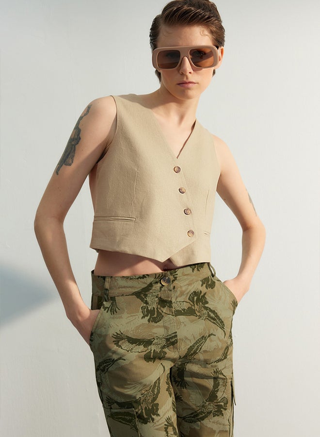 trendyol Limited Edition Beige Fitted Button Detail Crop Woven Linen Look Vest TWOSS23YE00016 - Image 4