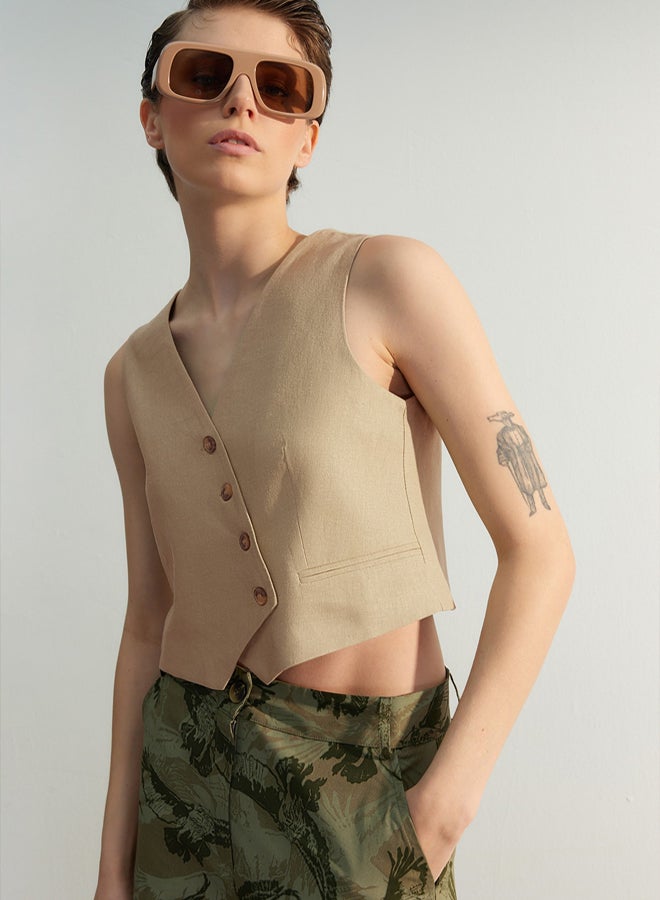 trendyol Limited Edition Beige Fitted Button Detail Crop Woven Linen Look Vest TWOSS23YE00016 - Image 3