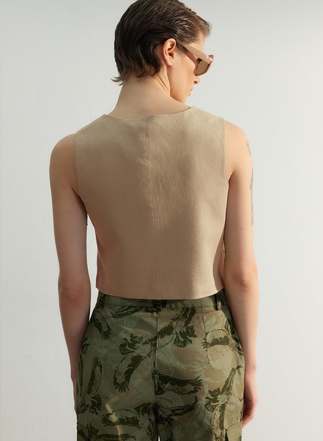 trendyol Limited Edition Beige Fitted Button Detail Crop Woven Linen Look Vest TWOSS23YE00016 - Image 5