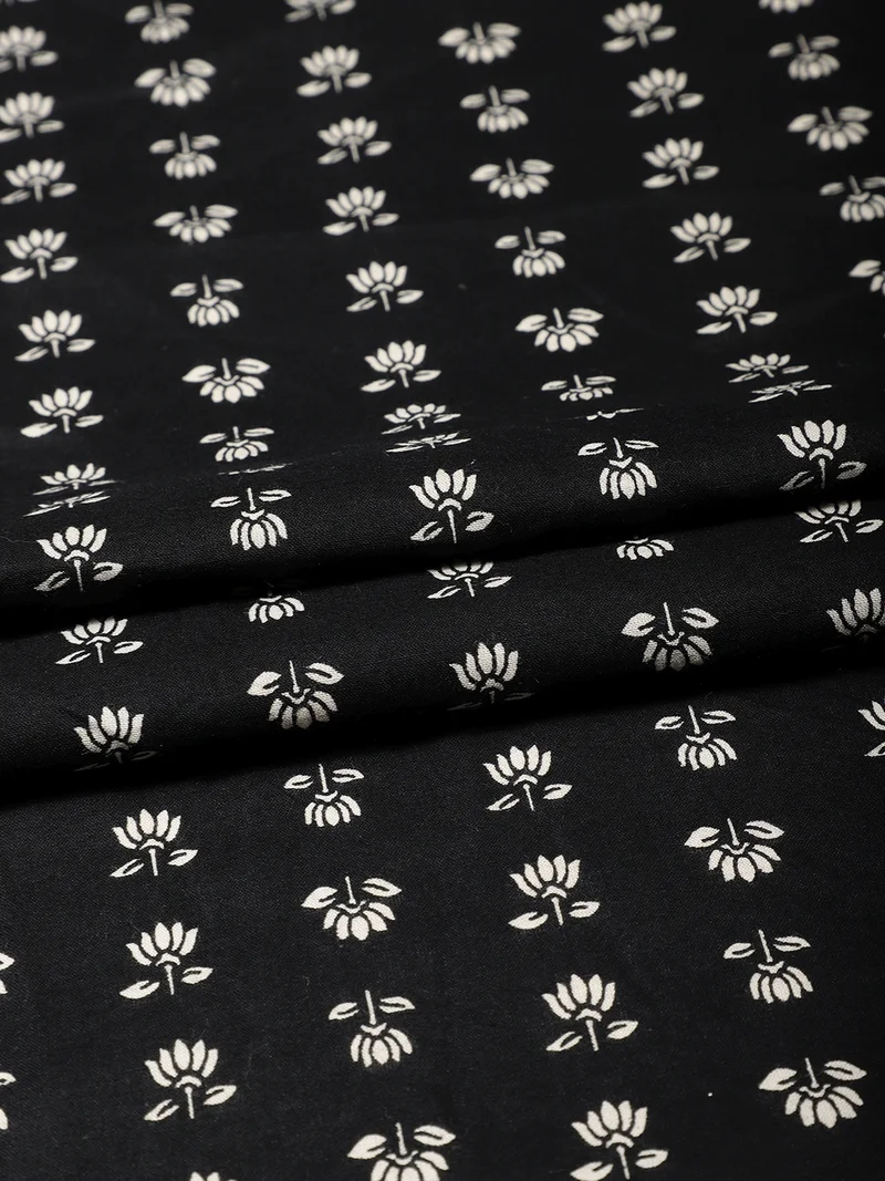 أيه كيه إس Black Floral Buti Block Print Cotton Fabric