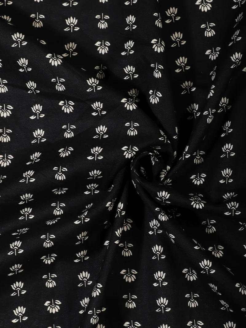 أيه كيه إس Black Floral Buti Block Print Cotton Fabric