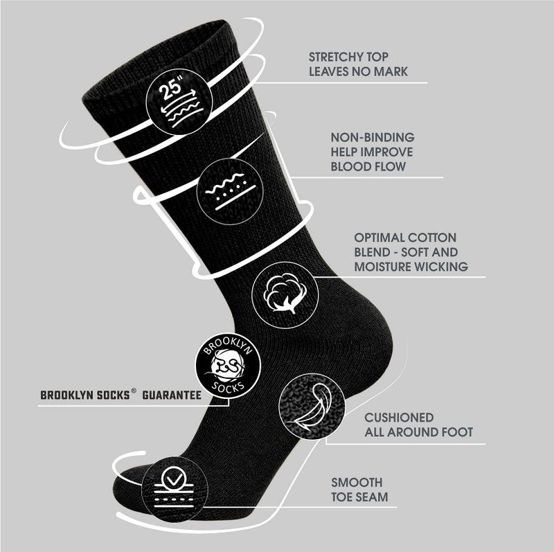 Brooklyn Socks Big and Tall Diabetic Cotton Neuropathy Crew Socks, King Size Mens Athletic Crew Socks (13-16, Black) - 6 pairs - Image 2