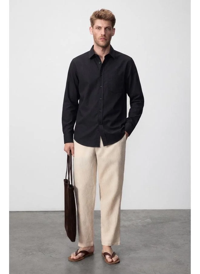 GRIMELANGE ARLES Men's Linen Blend Long Sleeve Single Pocket Regular Fit Black Shirt.