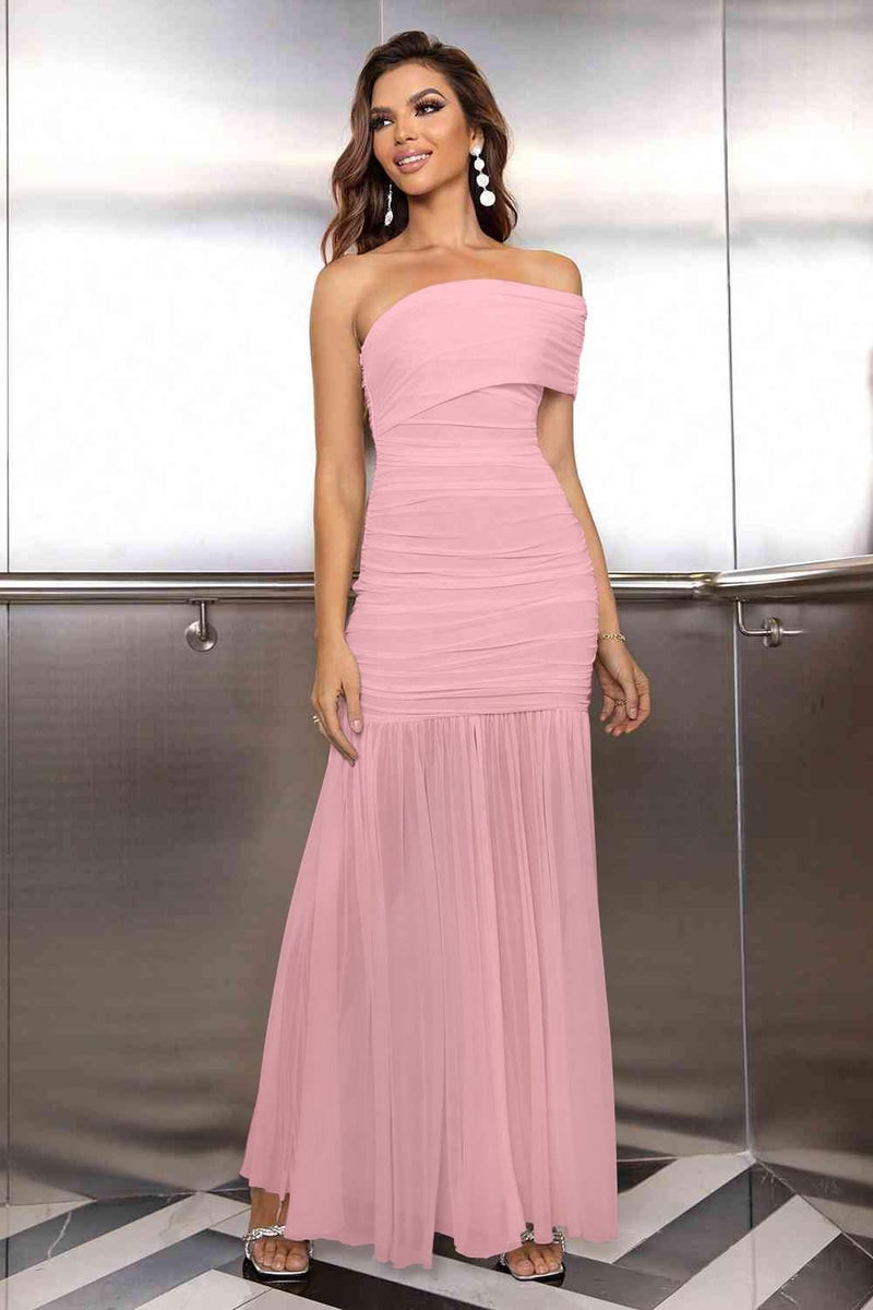 LAGSHIAN Women's Elegant Formal Long Dress One Shoulder Sleeveless Ruched Bodycon Evening Dress Pink - Image 2