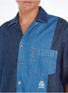 TOMMY HILFIGER Men's Crest Colour-Blocked Short Sleeve Denim Shirt -  Rigid denim, Blue  - Image 5