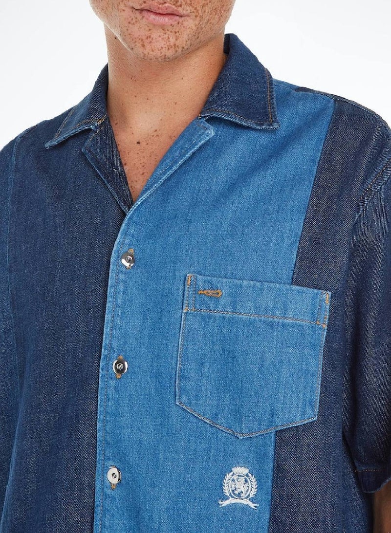 TOMMY HILFIGER Colour-Blocked Short Sleeve Denim Shirt - Image 5