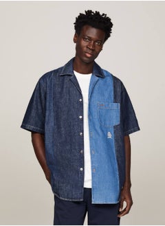 TOMMY HILFIGER Men's Crest Colour-Blocked Short Sleeve Denim Shirt -  Rigid denim, Blue  - Image 1