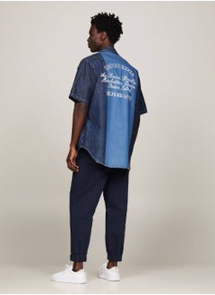 TOMMY HILFIGER Men's Crest Colour-Blocked Short Sleeve Denim Shirt -  Rigid denim, Blue  - Image 2