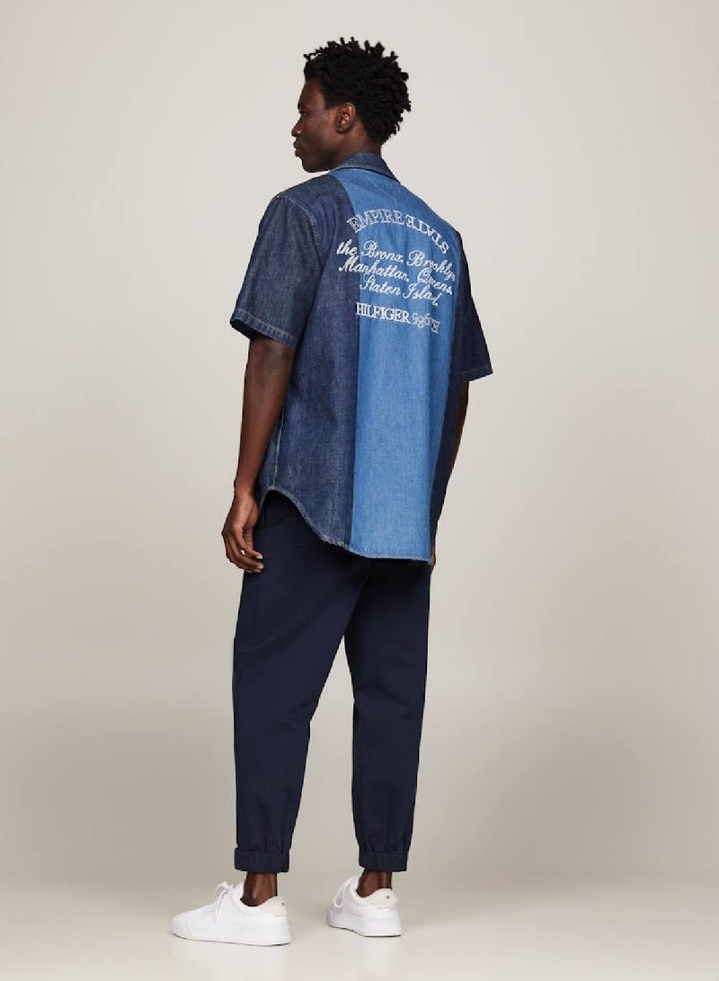 TOMMY HILFIGER Colour-Blocked Short Sleeve Denim Shirt - Image 2